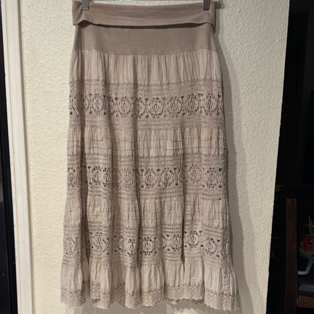 Noelle Tan Midi A-Line Skirt with Asymmetrical Ruffles 100%Cotton